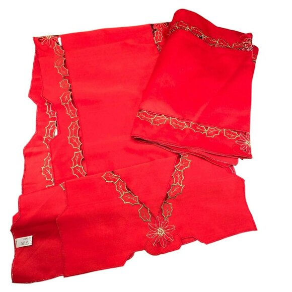 Red Embroidered Table Runner Set With Gold Holly & Poinsettia Design VR1804 - Picture 2 of 5